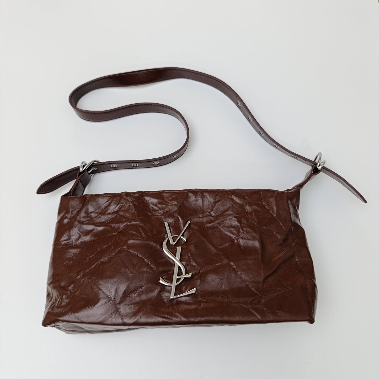 Brown Luxe Crinkle Faux Leather Shoulder Bag – Trendy YSL-Inspired Chain Strap Handbag 💼 - 5645