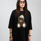 Binhuali Bear Embroidered Patched Drop Shoulder Oversized Tee Black
