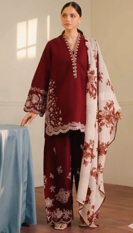 Deep Maroon Lawn Dress Stitched 3pcs