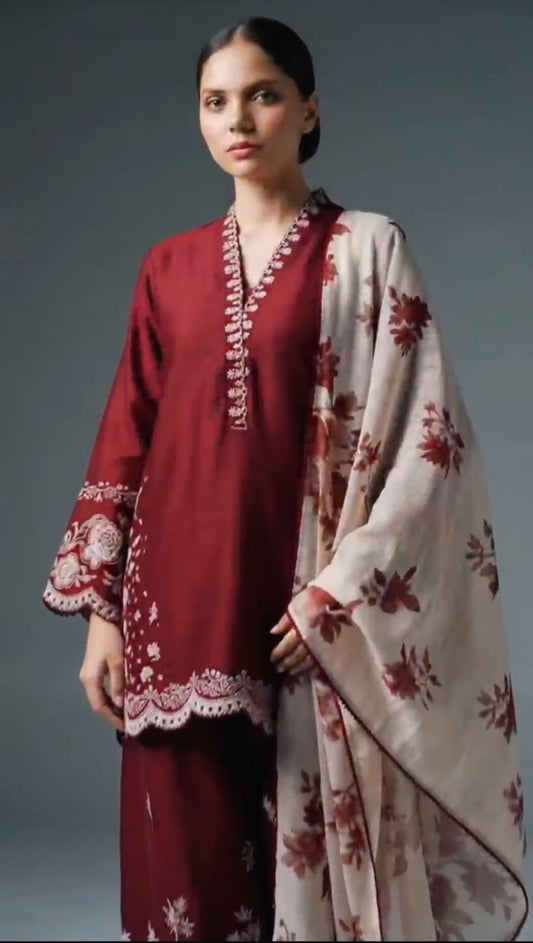 Deep Maroon Lawn Dress Stitched 3pcs