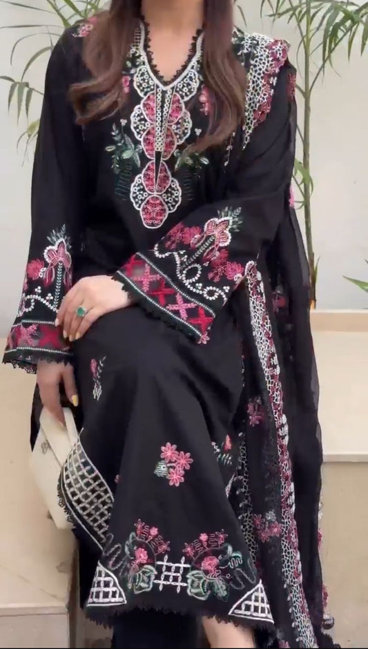 Black Summer Dress Stitched 3pcs