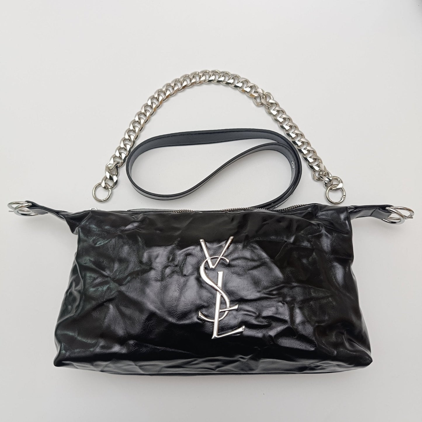 Black Glossy Chain Shoulder Bag – Luxury Silver Chain - 5645
