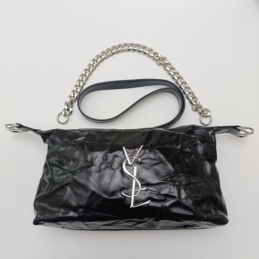 Black Glossy Chain Shoulder Bag – Luxury Silver Chain - 5645
