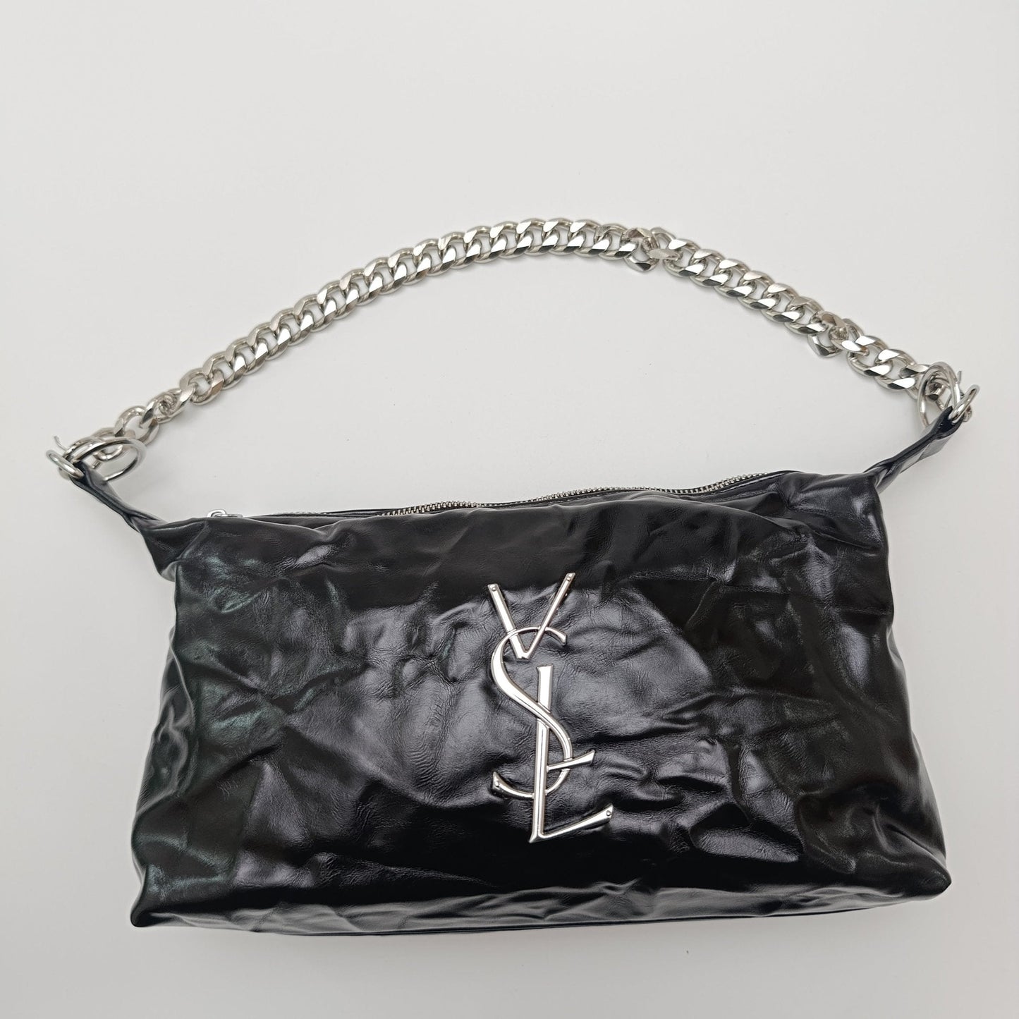 Black Glossy Chain Shoulder Bag – Luxury Silver Chain - 5645