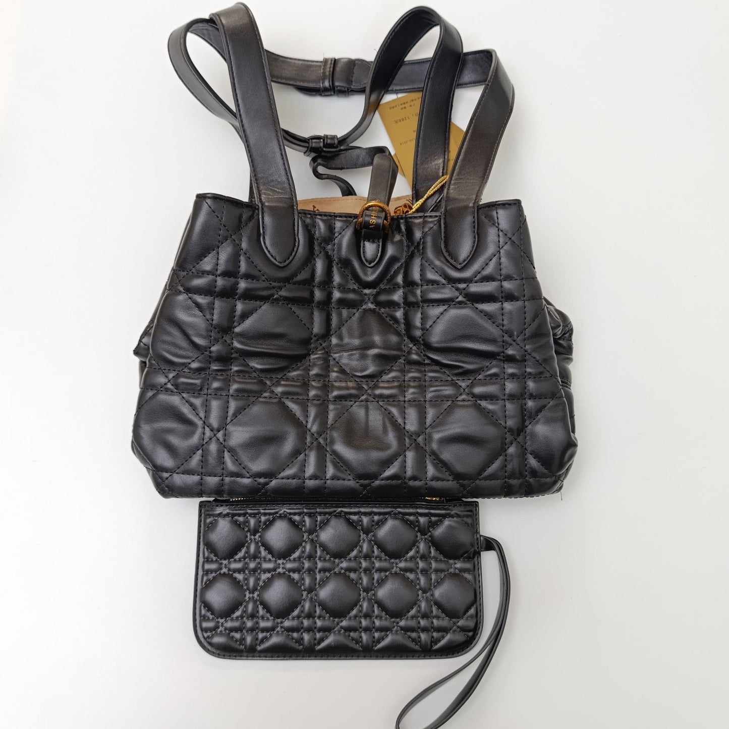 Black Quilted Tote Bag with Matching Pouch – Elegant PU Leather Shoulder Bag Set - #1416