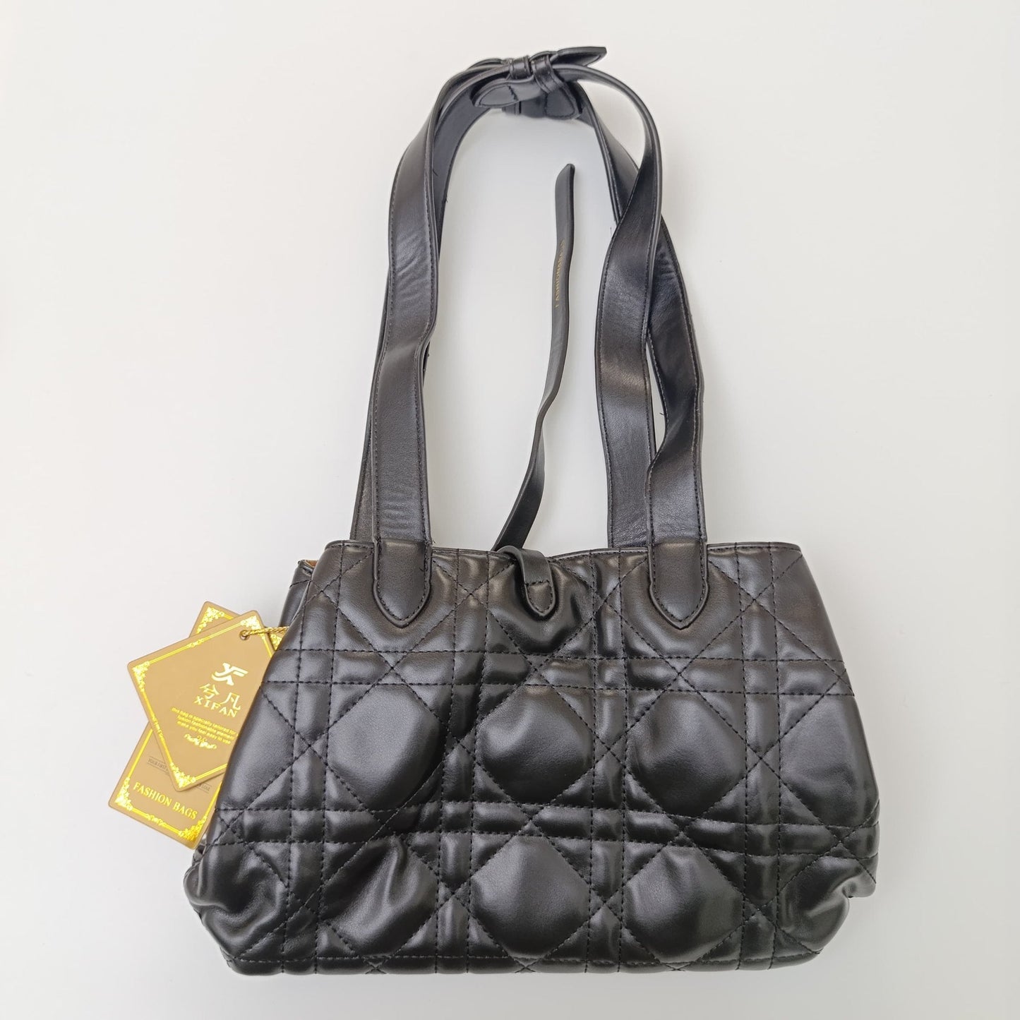 Black Quilted Tote Bag with Matching Pouch – Elegant PU Leather Shoulder Bag Set - #1416