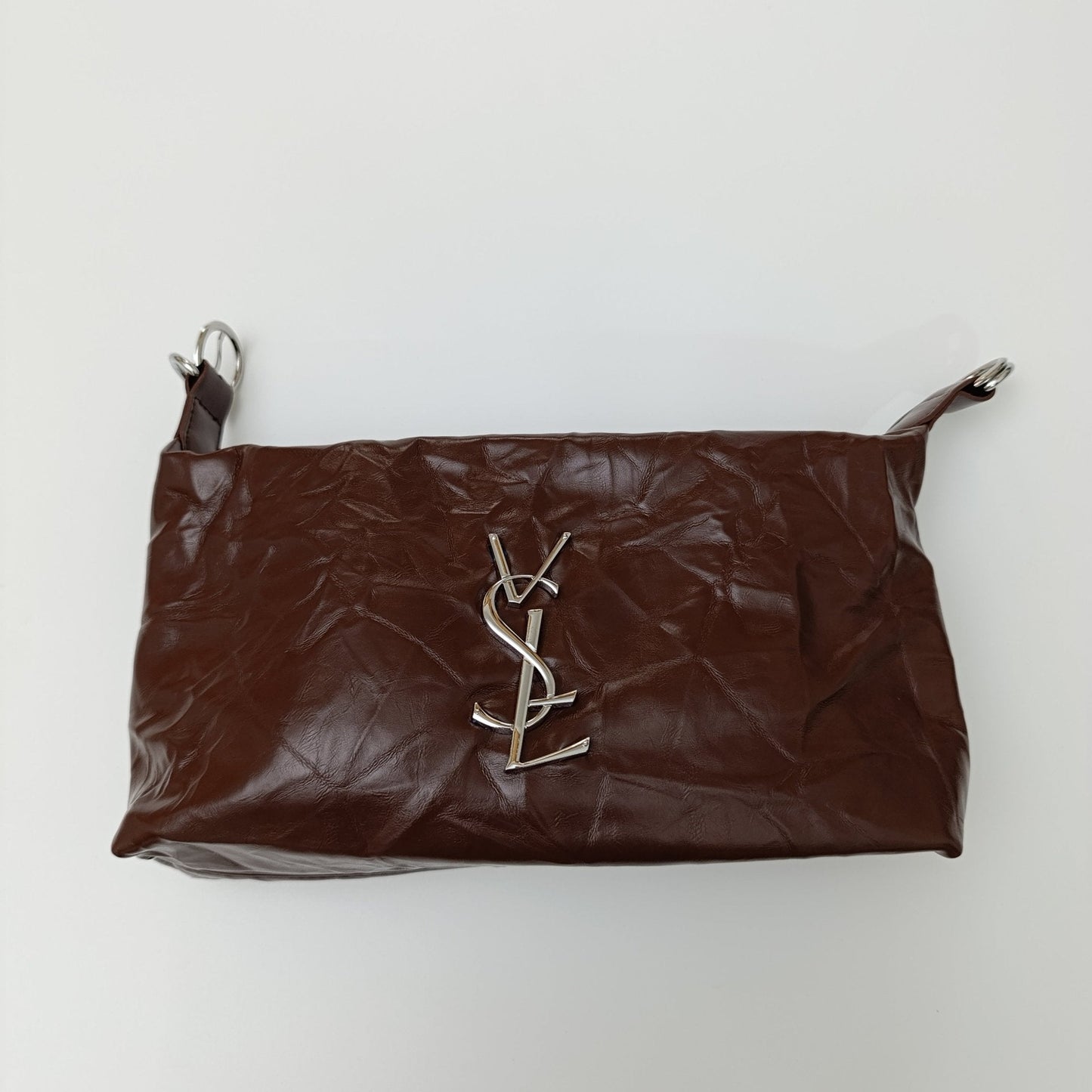 Brown Luxe Crinkle Faux Leather Shoulder Bag – Trendy YSL-Inspired Chain Strap Handbag 💼 - 5645