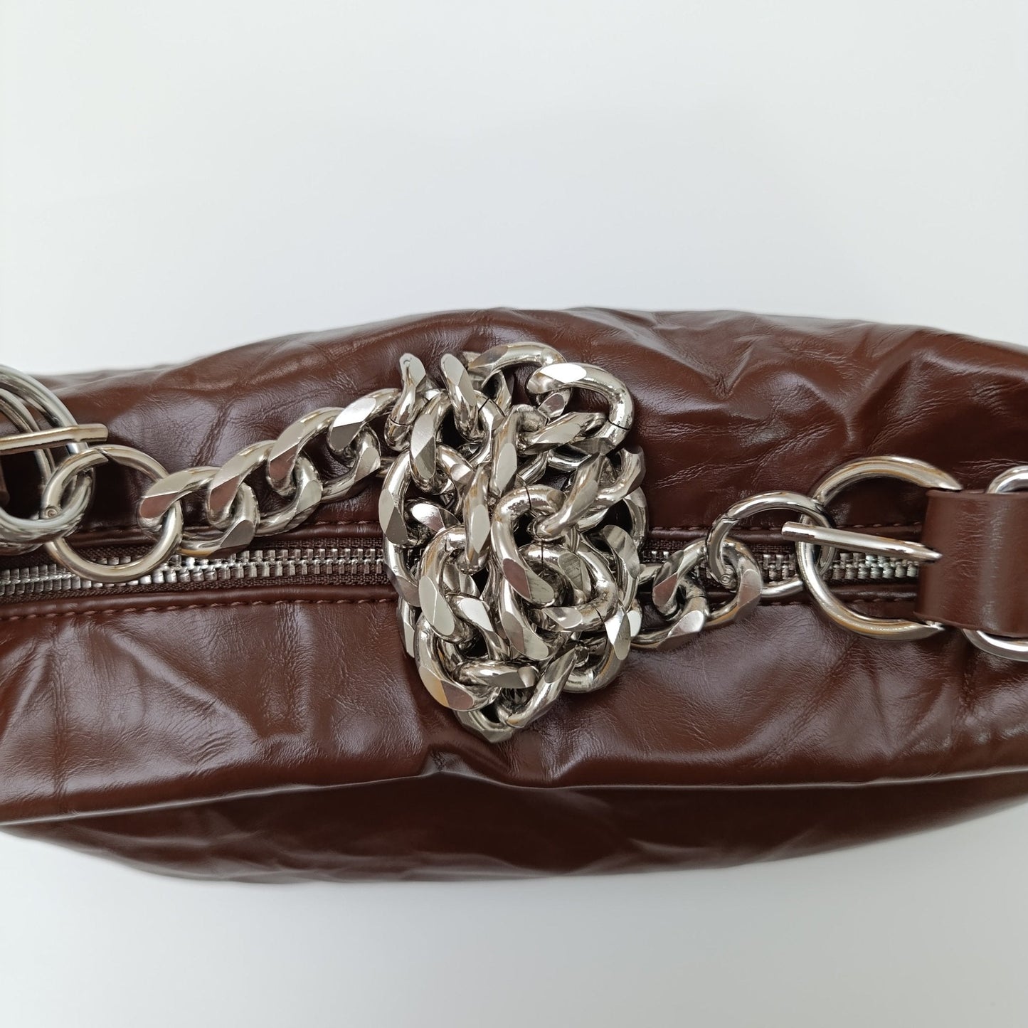 Brown Luxe Crinkle Faux Leather Shoulder Bag – Trendy YSL-Inspired Chain Strap Handbag 💼 - 5645