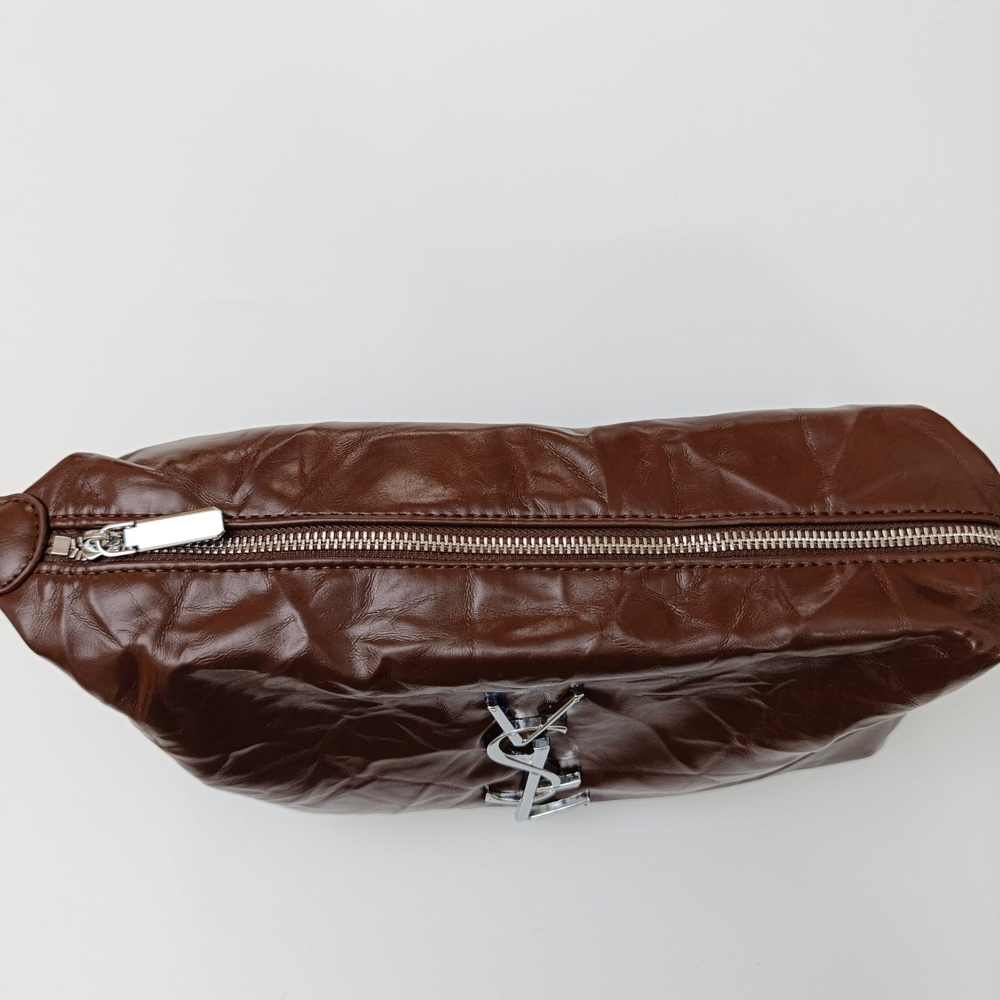 Brown Luxe Crinkle Faux Leather Shoulder Bag – Trendy YSL-Inspired Chain Strap Handbag 💼 - 5645