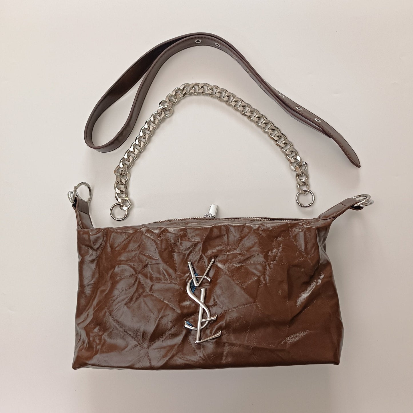 Brown Luxe Crinkle Faux Leather Shoulder Bag – Trendy YSL-Inspired Chain Strap Handbag 💼 - 5645