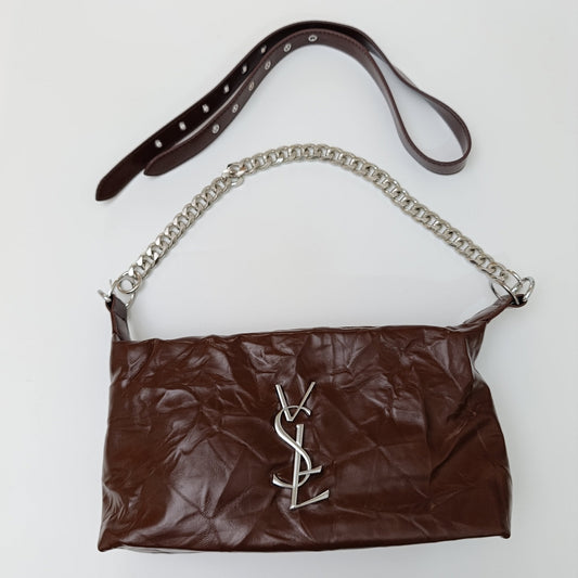 Brown Luxe Crinkle Faux Leather Shoulder Bag – Trendy YSL-Inspired Chain Strap Handbag 💼 - 5645