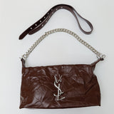Brown Luxe Crinkle Faux Leather Shoulder Bag – Trendy YSL-Inspired Chain Strap Handbag 💼 - 5645