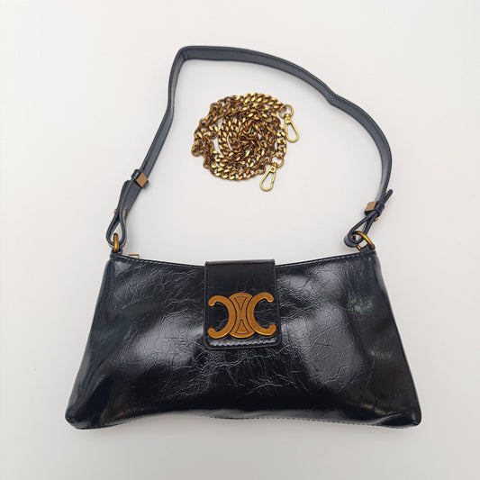 Crescent Emblem Shoulder Black & Brown Bag – Dual Strap Design - 977
