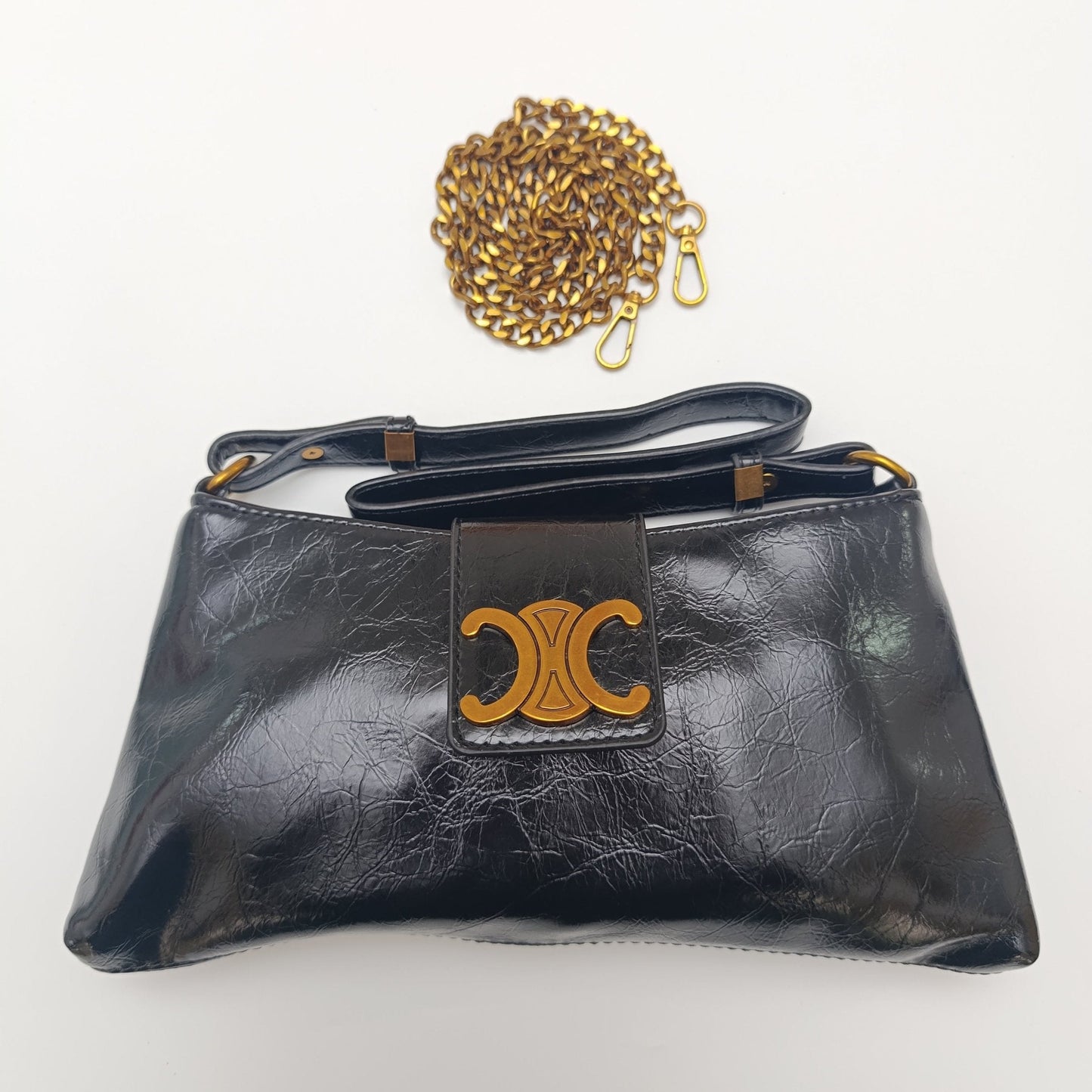 Crescent Emblem Shoulder Black & Brown Bag – Dual Strap Design - 977