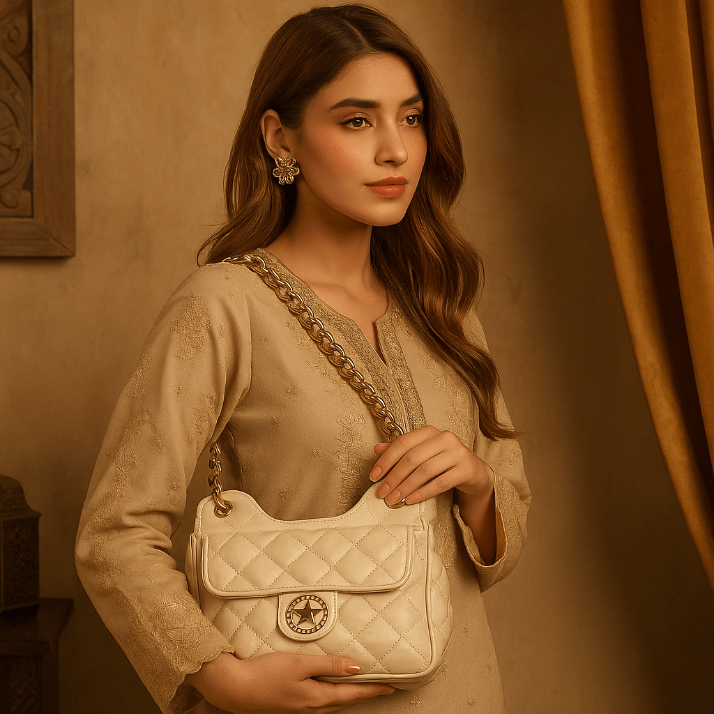 White Quilted Gold Chain Shoulder Bag – Luxury Crossbody Purse - 9001